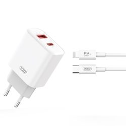 XOhálózati töltő szett CE12 PD QC 3.0 PD 20W 1x USB, 1x Type-C + Type-C - Lightning kábellel - fehér