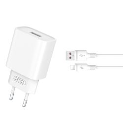 XO hálózati gyors töltő CE02D QC 3.0 18W 1xUSB + USB - lightning kábellel -  fehér