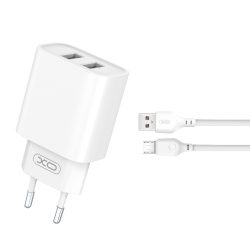 XO hálózati gyors töltő CE02C 2xUSB + USB - micro kábellel 2.1A -  fehér