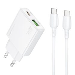 Borofone hálózati töltő fej BN25  - 1x USB + 1x Type-C - 30W - Type-c - Type-C kábellel - fehér 