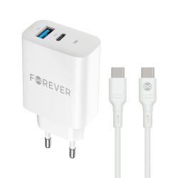 Forever TC-07-30AC hálózati gyors töltő 1x USB 30W 1x Type-C 60W +Type-C - Type-C adatkábel - fehér