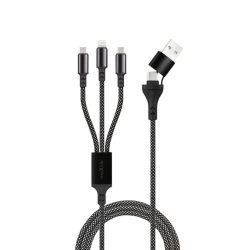 Maxlife Szövött ALLin1  USB + USB-C - Lightning + 2x USB-C Adat és Töltőkábel - 1m/66W - Fekete